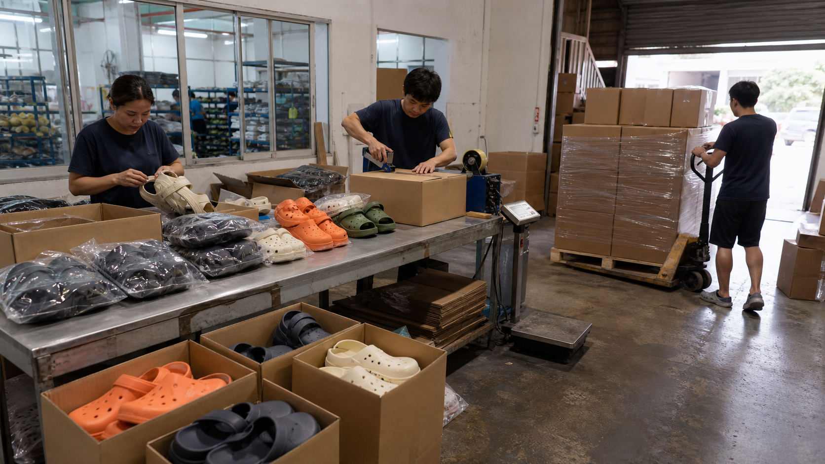 Workers packing EVA clogs and slides into export cartons