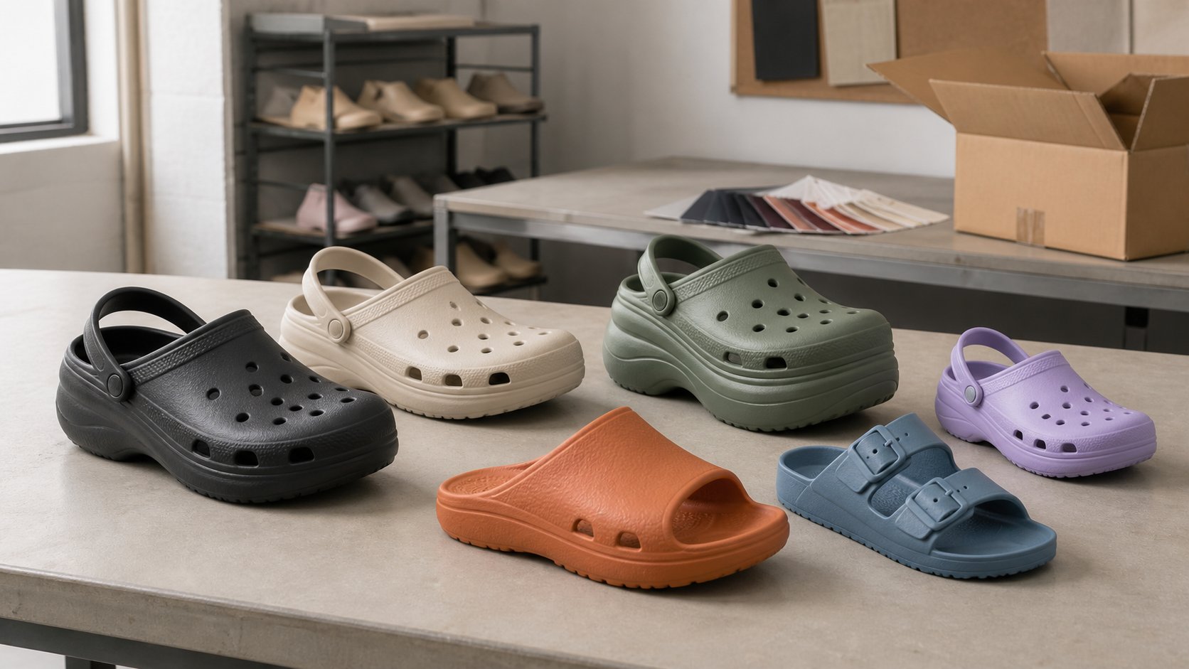 Collection of EVA clogs, slides and sandals for material comparison