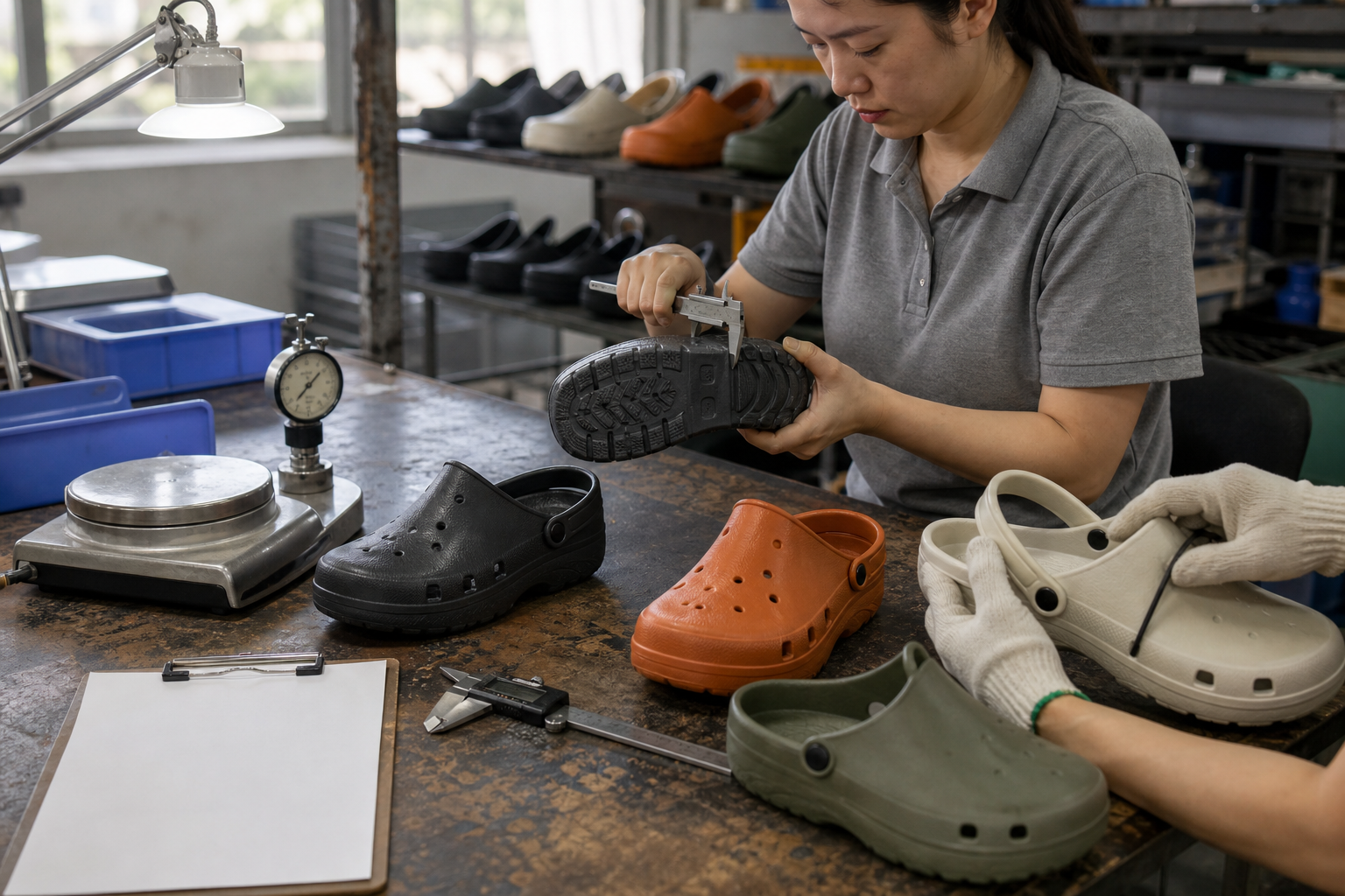 Quality inspector measuring the outsole of a molded EVA clog