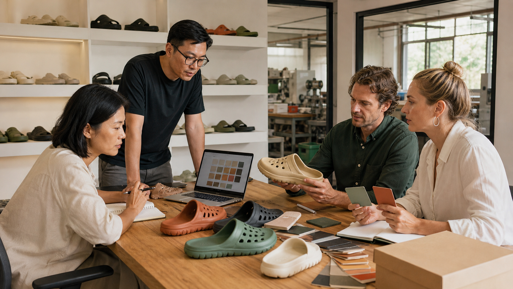 Footwear sourcing team reviewing clog samples, colors and packaging